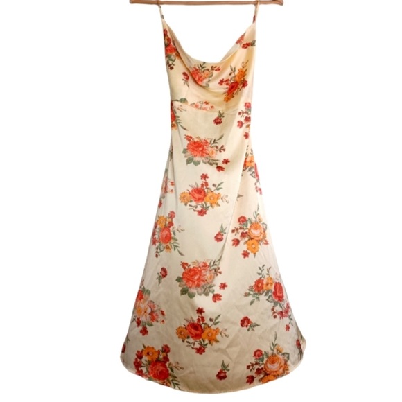 Danielle Bernstein Golden Hour Yellow Red Floral Tie Back Satin Dress NWOT XS - Picture 7 of 16